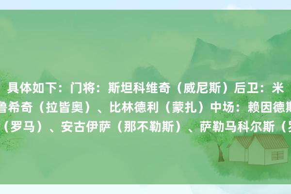 具体如下：门将：斯坦科维奇（威尼斯）后卫：米兰达（博洛尼亚）、马鲁希奇（拉皆奥）、比林德利（蒙扎）中场：赖因德斯（米兰）、帕雷德斯（罗马）、安古伊萨（那不勒斯）、萨勒马科尔斯（罗马）先锋：托万（乌迪内斯）、迪巴拉（罗马）、德凯特拉雷（亚特兰大）    体育录像/图片