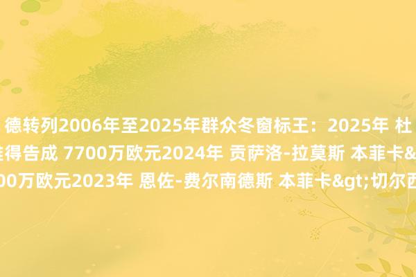 德转列2006年至2025年群众冬窗标王：2025年 杜兰 阿斯顿维拉>利雅得告成 7700万欧元2024年 贡萨洛-拉莫斯 本菲卡>巴黎圣日耳曼 6500万欧元2023年 恩佐-费尔南德斯 本菲卡>切尔西 1.21亿欧元2022年 弗拉霍维奇 佛罗伦萨>尤文图斯 8350万欧元2021年 索博斯洛伊 萨尔茨堡红牛>RB莱比锡 3600万欧元2020年 布鲁诺-费尔南德斯 葡萄牙体育>曼联 6500万欧元2019年 普利希奇 多特蒙德>切尔西 6400万欧元2018年 库蒂尼奥 利物浦>巴塞罗那 1.35亿欧元2017年 奥斯卡 切尔西>上海上港 6000万欧元2016年 特谢拉 顿涅茨克矿工>江苏苏宁 5000万欧元2015年 博尼 斯旺西>曼城 3230万欧元2014年 马塔 切尔西>曼联 4470万欧元2013年 卢卡斯-莫拉 圣保罗>巴黎圣日耳曼 4000万欧元2012年 茹扎克 安郅>莫斯科迪纳摩 1900万欧元2011年 托雷斯 利物浦>切尔西 5850万欧元2010年 马里加 帕尔马>海外米兰 1000万欧元2009年 亨特拉尔 阿贾克斯>皇家马德里 2700万欧元2008年 阿内尔卡 博尔顿流浪者>切尔西 1800万欧元2007年 加戈 博卡后生>皇家马德里 2050万欧元2006年 迪恩-阿什顿 诺维奇>西汉姆联 1090万欧元【上咪咕独家看英超】2024美洲杯买球体育信息